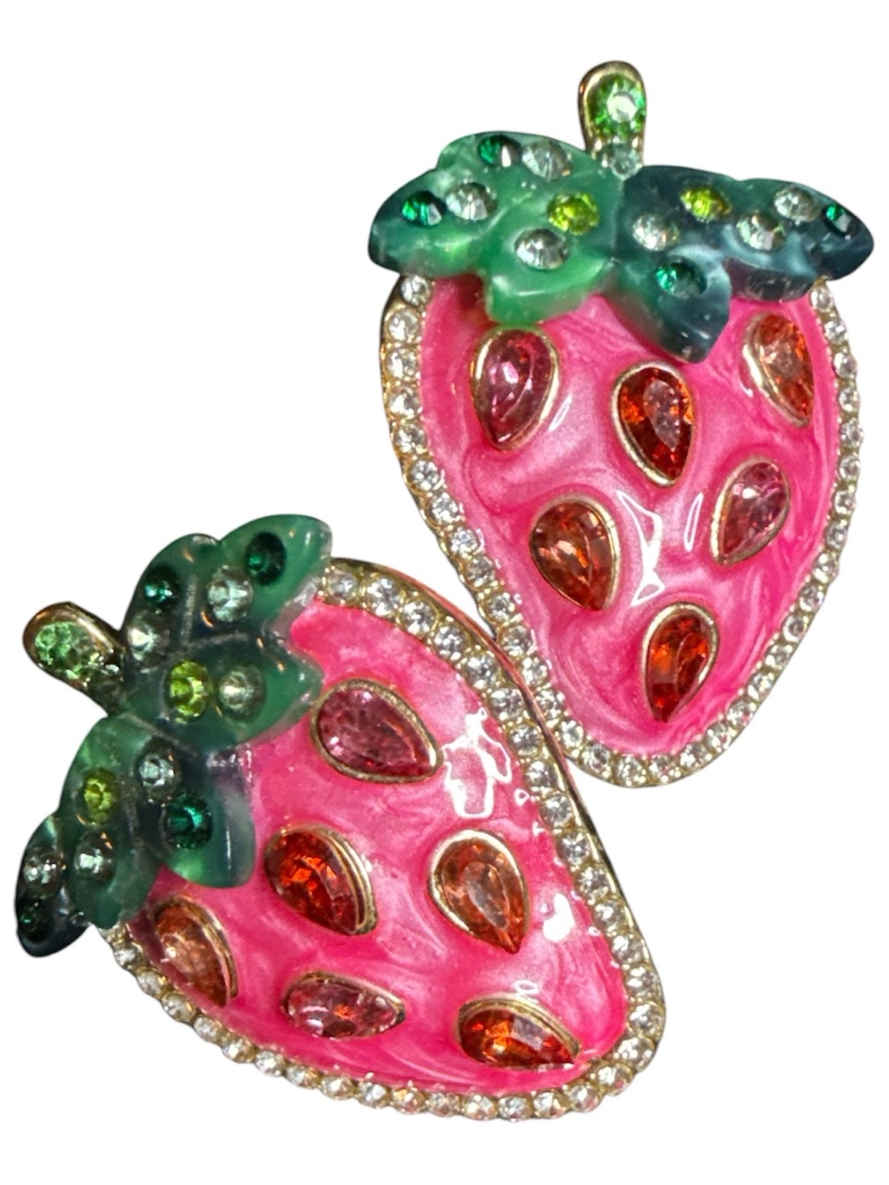 Pink Enamel Strawberry Rhinestone Stud Earrings Gold Tone Cute Fruit Jewelry EUC